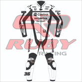 Front view of Joan Mir 2025 MotoGP test race suit for Honda Castrol, showcasing a minimalist black and white design with sponsor logos from Castrol, One HEART, VR46, and MotoGP ā features knee protection and RUBY Racing branding on sleeves and collar.